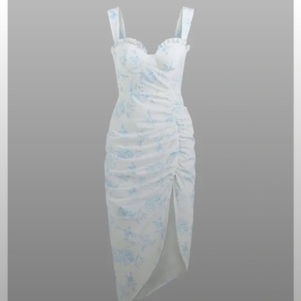 Floral Ruffle Toile de Jouy Midi Dress
